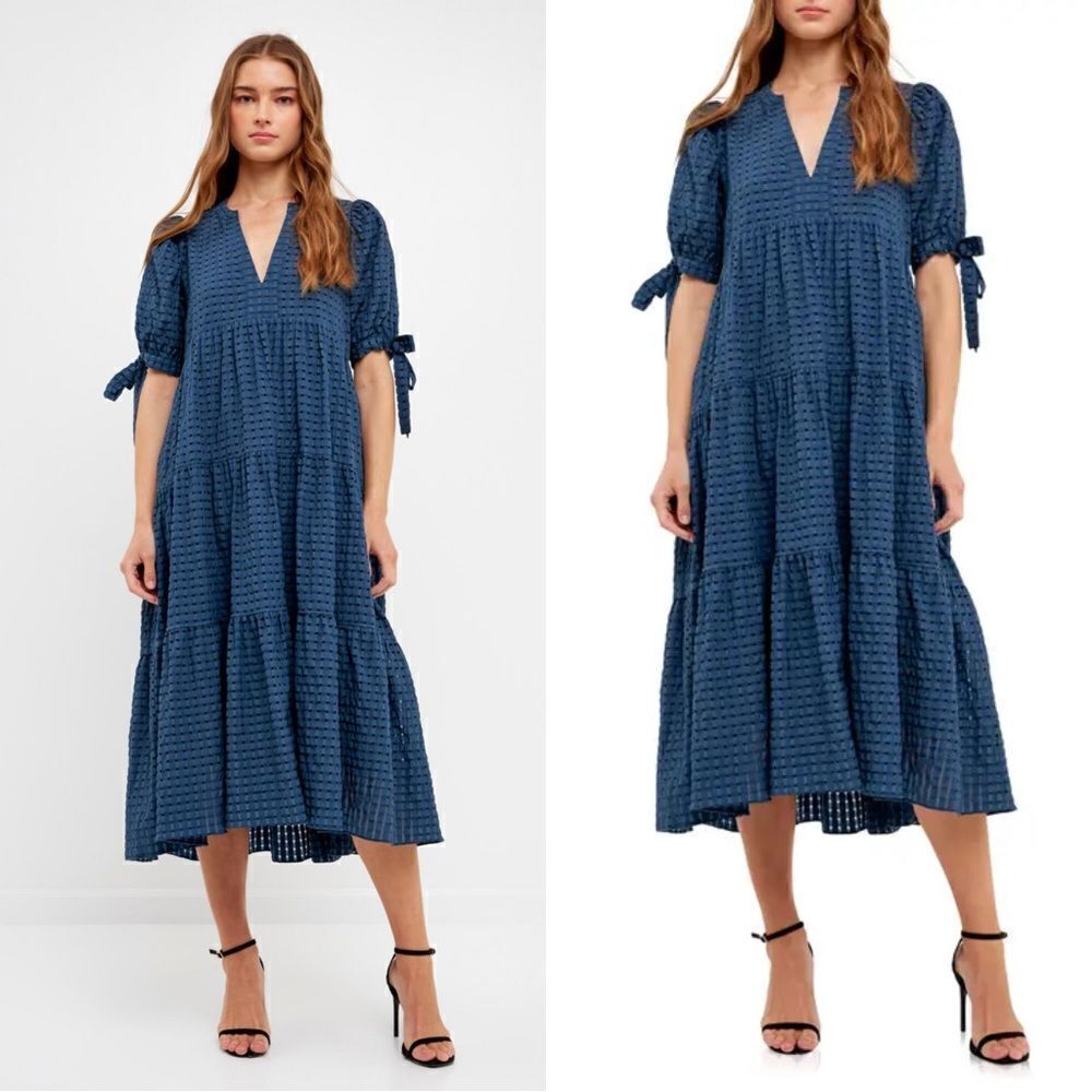 ENGLISH FACTORY Gingham Tiered Midi Dress with Bow Tie Sleeves in blue